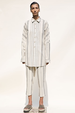 Cream Shell Handloom Cotton Pants by Urvashi Kaur
