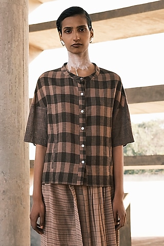 Nude Organic Cotton Block Printed Cropped Jacket by Urvashi Kaur