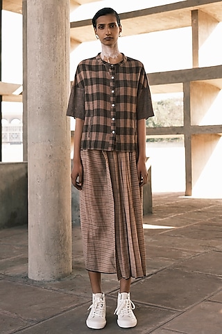 Nude Organic Cotton Block Printed Pleated Midi Skirt by Urvashi Kaur