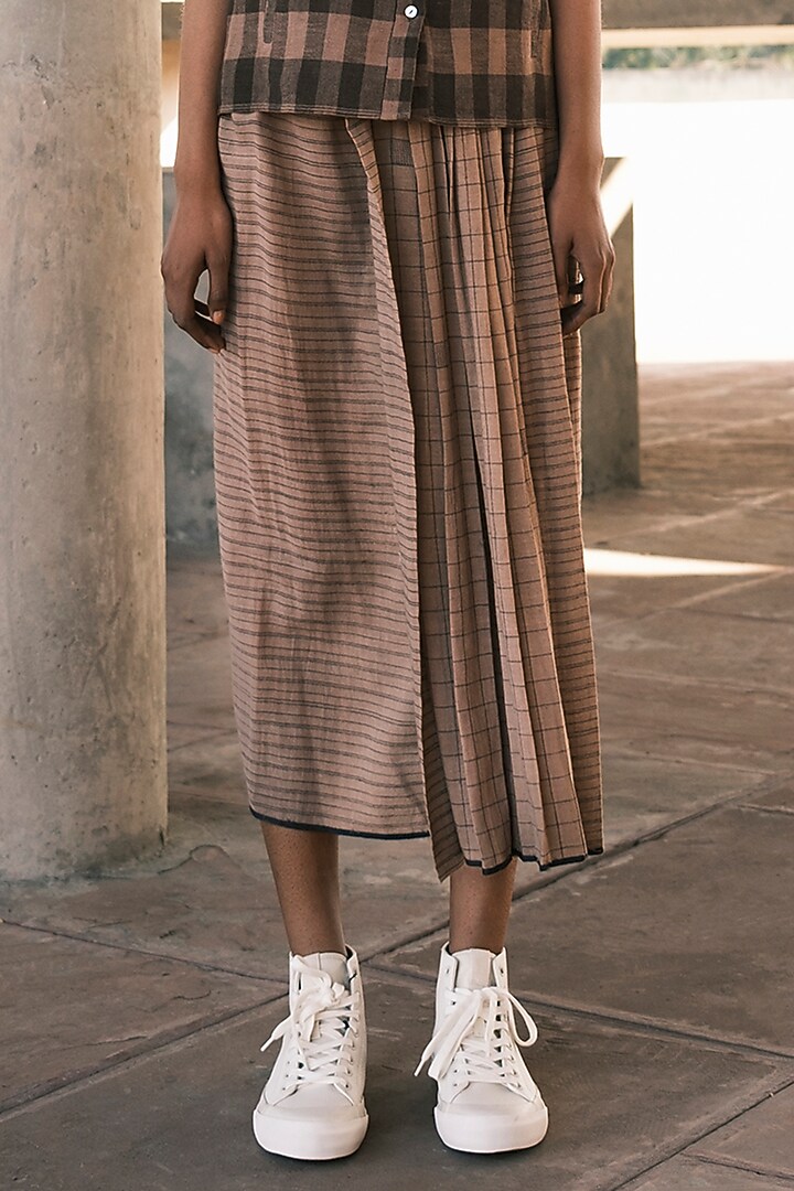 Nude Organic Cotton Block Printed Pleated Midi Skirt by Urvashi Kaur at Pernia's Pop Up Shop