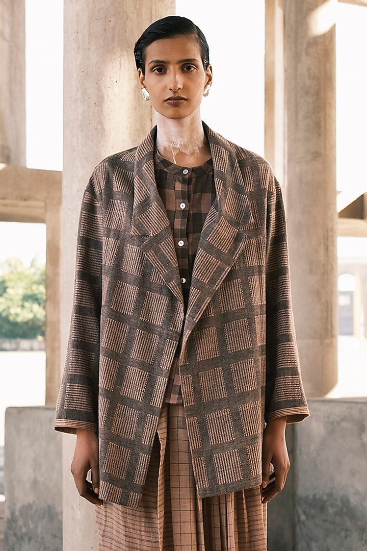 Nude Hand Spun Cotton Checkered Blazer by Urvashi Kaur at Pernia's Pop Up Shop