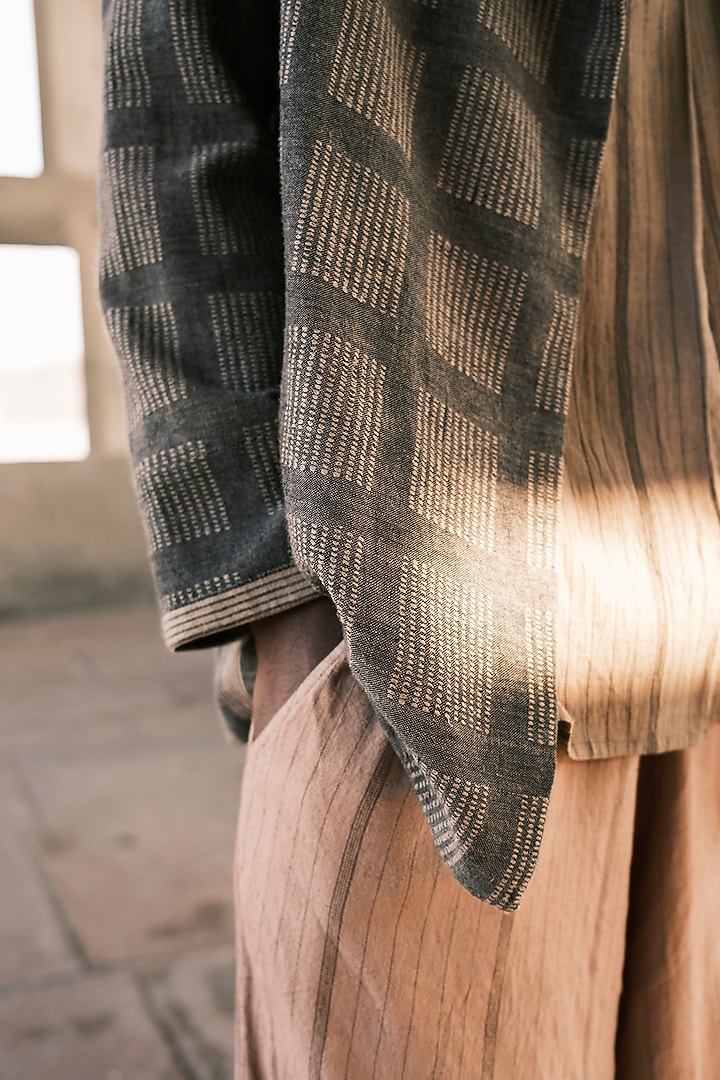 Nude Hand Spun Cotton Checkered Blazer by Urvashi Kaur at Pernia's Pop Up Shop