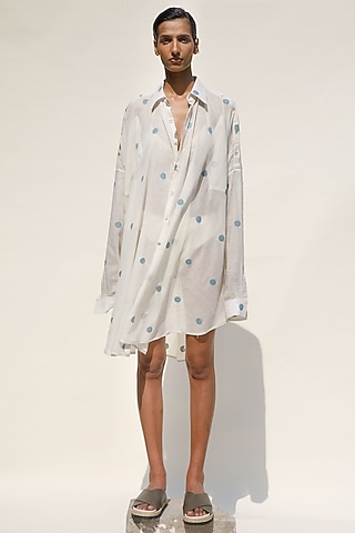 Cream Shell Hand Spun Cotton Silk Polka Dot Shirt Dress by Urvashi Kaur