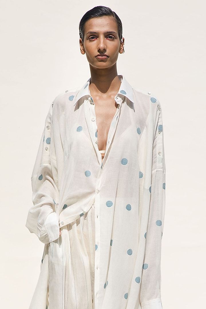 Cream Shell Hand Spun Cotton Silk Polka Dot Vacation Shirt Dress by Urvashi Kaur at Pernia's Pop Up Shop