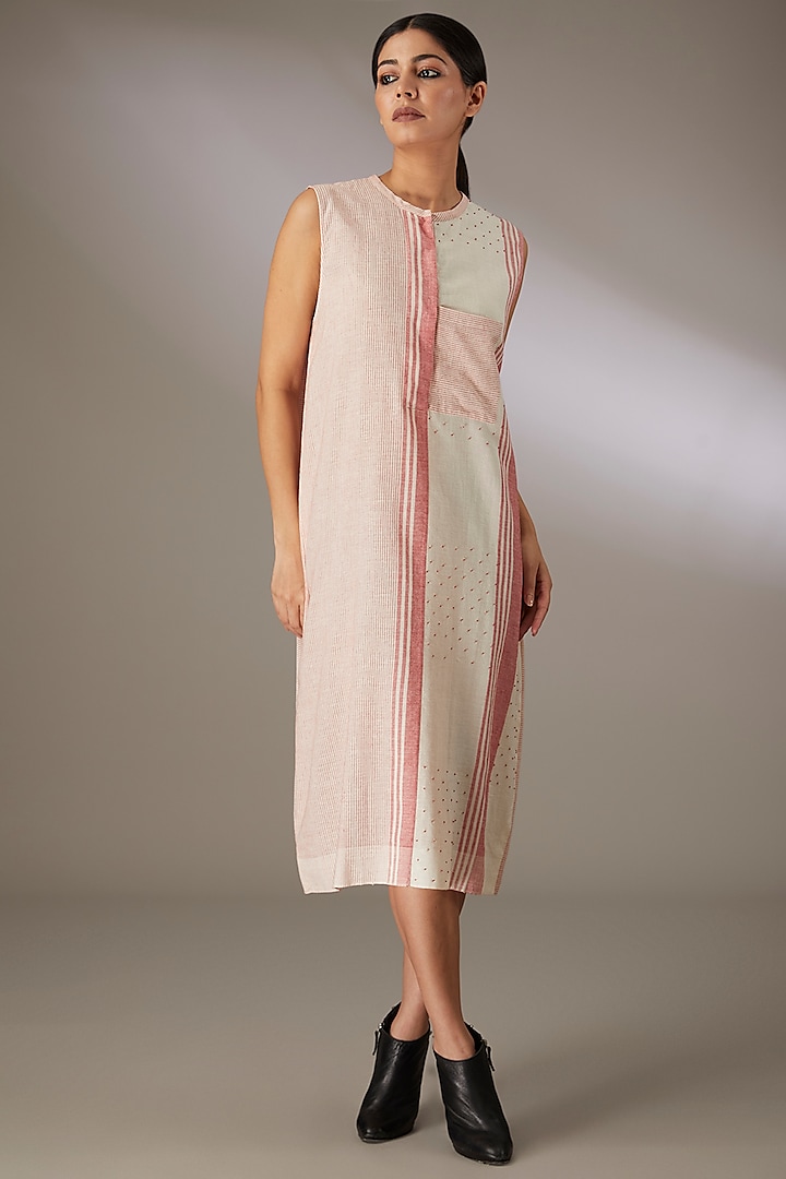 Red Handloom Striped Cotton Beadwork Paneled Shift Dress by Urvashi Kaur at Pernia's Pop Up Shop