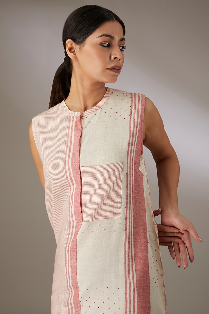 Red Handloom Striped Cotton Beadwork Paneled Shift Summer Dress by Urvashi Kaur at Pernia's Pop Up Shop