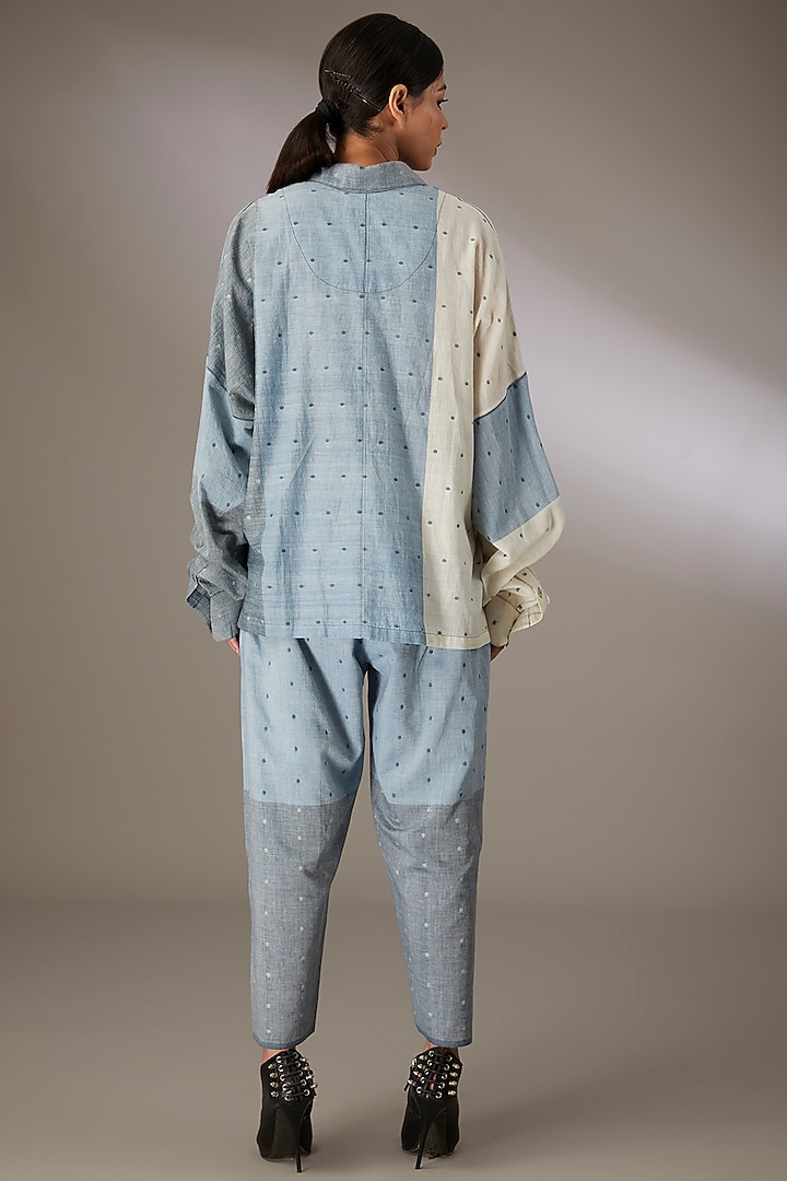 Blue Handloom Dotted Jamdani Shirt by Urvashi Kaur at Pernia's Pop Up Shop