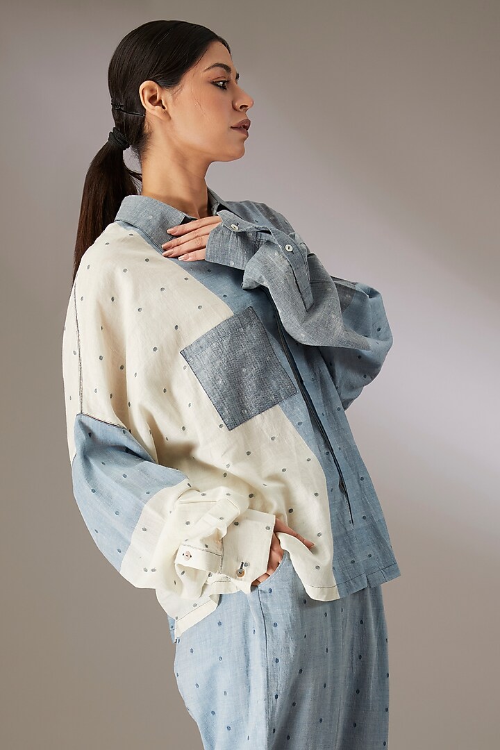 Blue Handloom Dotted Jamdani Shirt by Urvashi Kaur at Pernia's Pop Up Shop