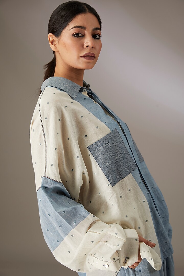 Blue Handloom Dotted Jamdani Shirt by Urvashi Kaur at Pernia's Pop Up Shop
