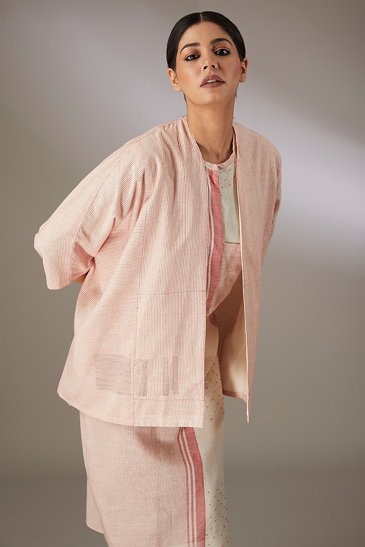 Red Handloom Striped Cotton Block Printed & Beadwork Overlay by Urvashi Kaur at Pernia's Pop Up Shop