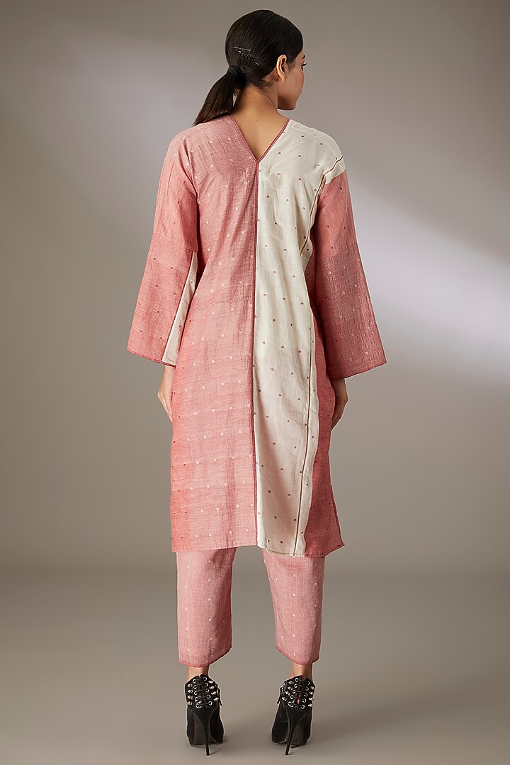 Red Handloom Dotted Jamdani Paneled Vacation Dress by Urvashi Kaur at Pernia's Pop Up Shop