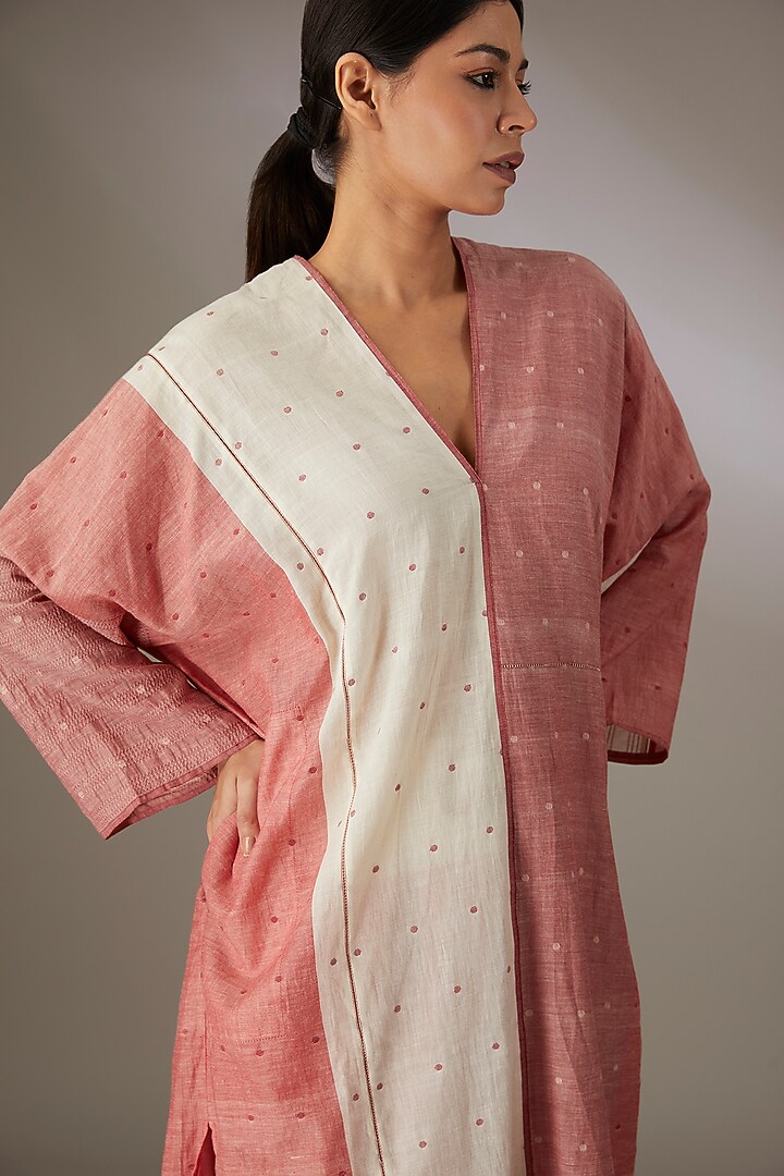 Red Handloom Dotted Jamdani Paneled Vacation Dress by Urvashi Kaur at Pernia's Pop Up Shop