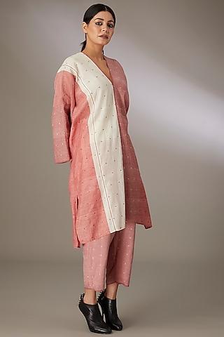 Red Handloom Dotted Jamdani Pants by Urvashi Kaur