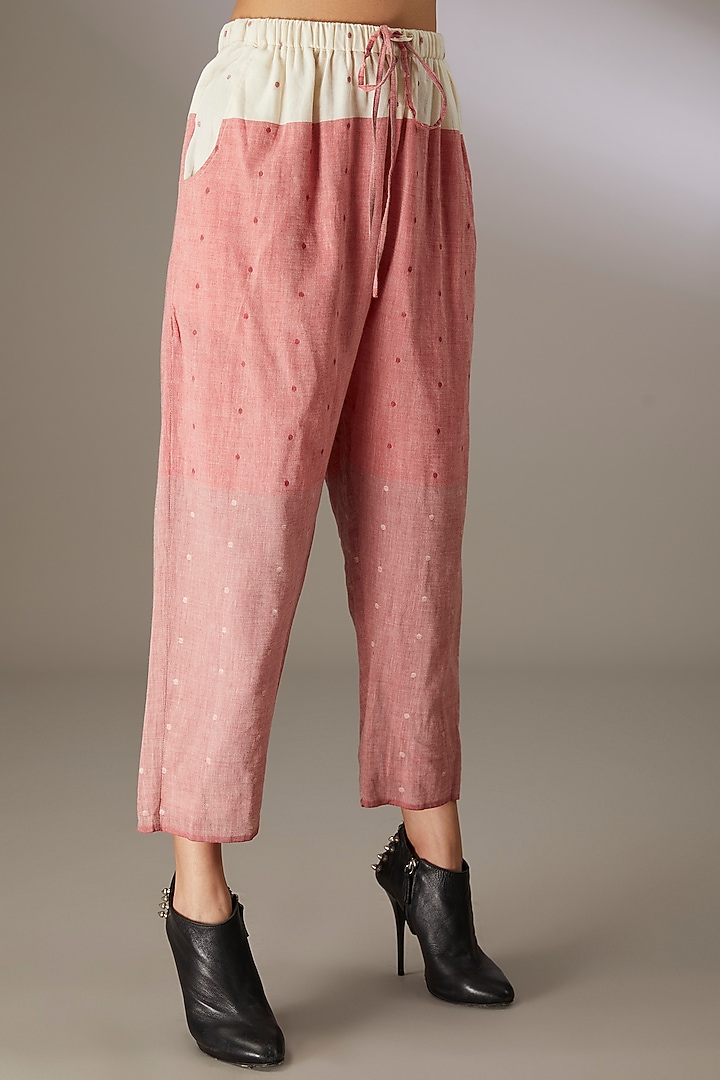 Red Handloom Dotted Jamdani Pants by Urvashi Kaur at Pernia's Pop Up Shop