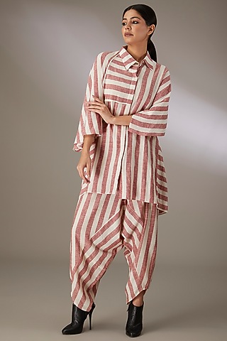 Red Handspun Cotton Striped Shirt by Urvashi Kaur