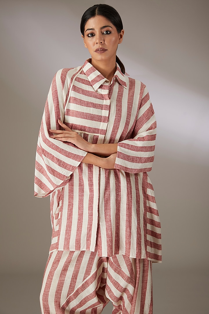 Red Handspun Cotton Striped Shirt by Urvashi Kaur at Pernia's Pop Up Shop