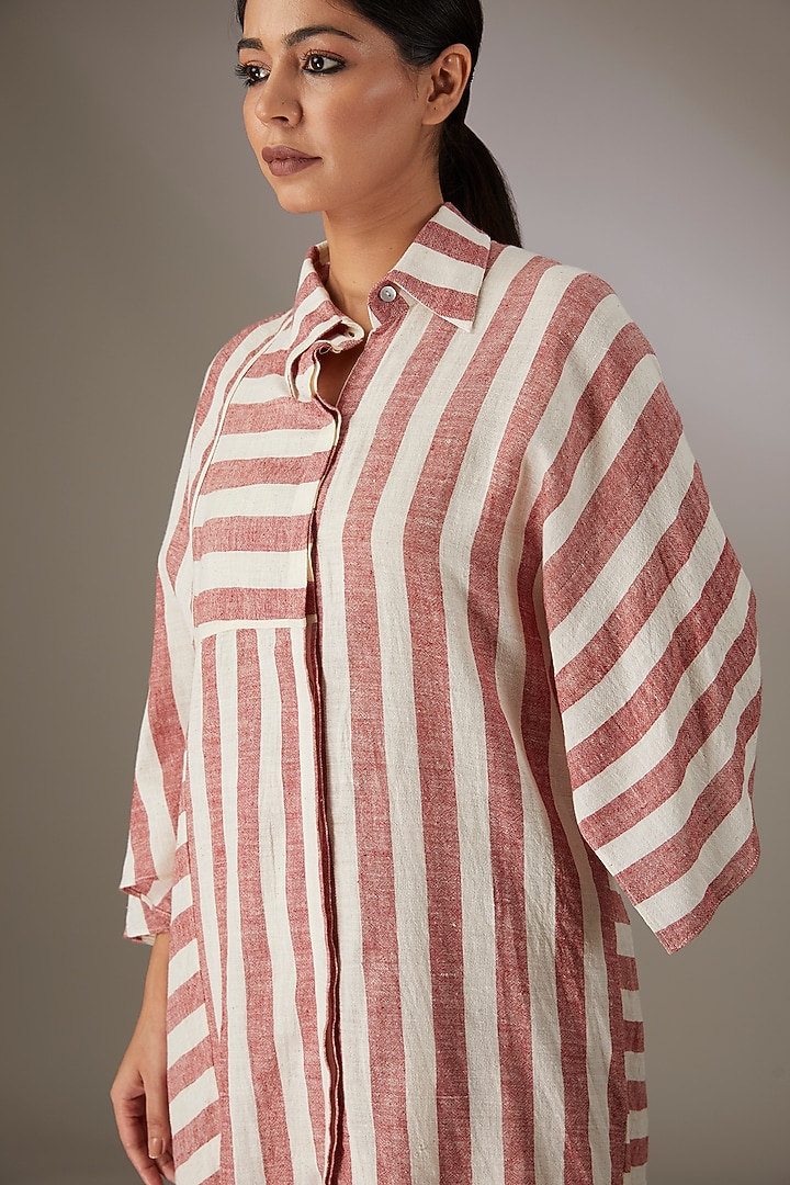 Red Handspun Cotton Striped Shirt by Urvashi Kaur at Pernia's Pop Up Shop