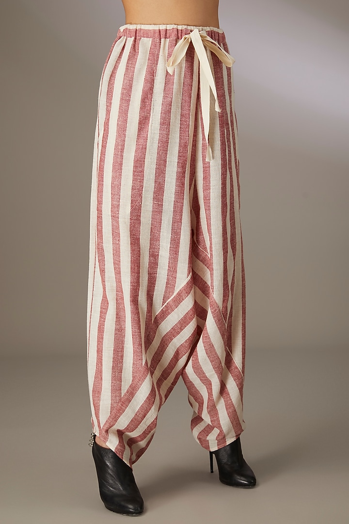 Red Handspun Cotton Striped Salwar Pants by Urvashi Kaur at Pernia's Pop Up Shop