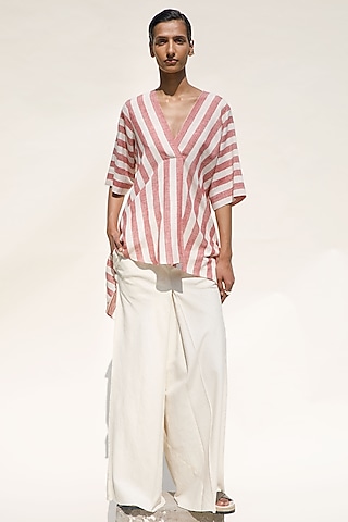 Brick & Shell-Colored Handspun Cotton Asymmetric Striped Top by Urvashi Kaur