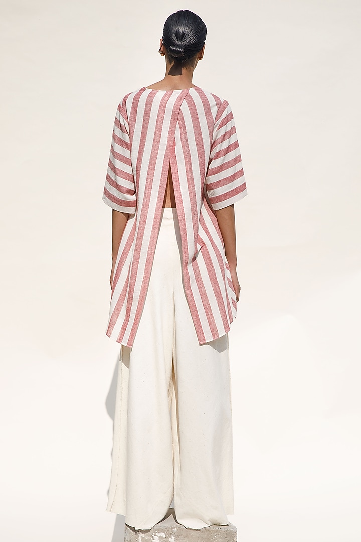 Brick & Shell-Colored Handspun Cotton Asymmetric Striped Top by Urvashi Kaur at Pernia's Pop Up Shop