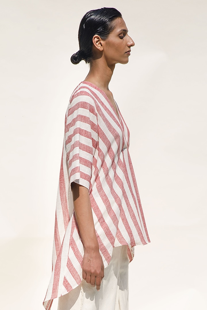 Brick & Shell-Colored Handspun Cotton Asymmetric Striped Top by Urvashi Kaur at Pernia's Pop Up Shop