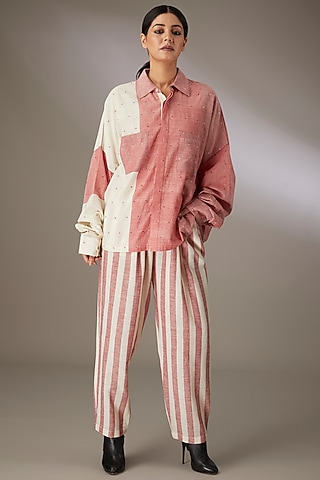 Red Handloom Cotton Striped Narrow Pants by Urvashi Kaur