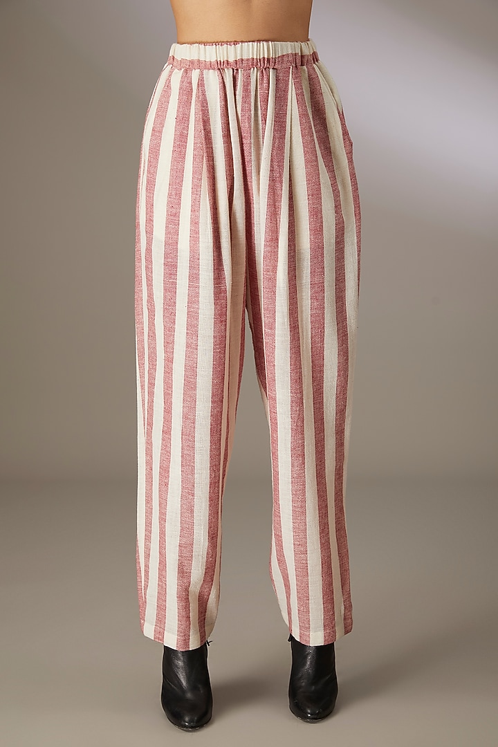 Red Handloom Cotton Striped Narrow Pants by Urvashi Kaur at Pernia's Pop Up Shop