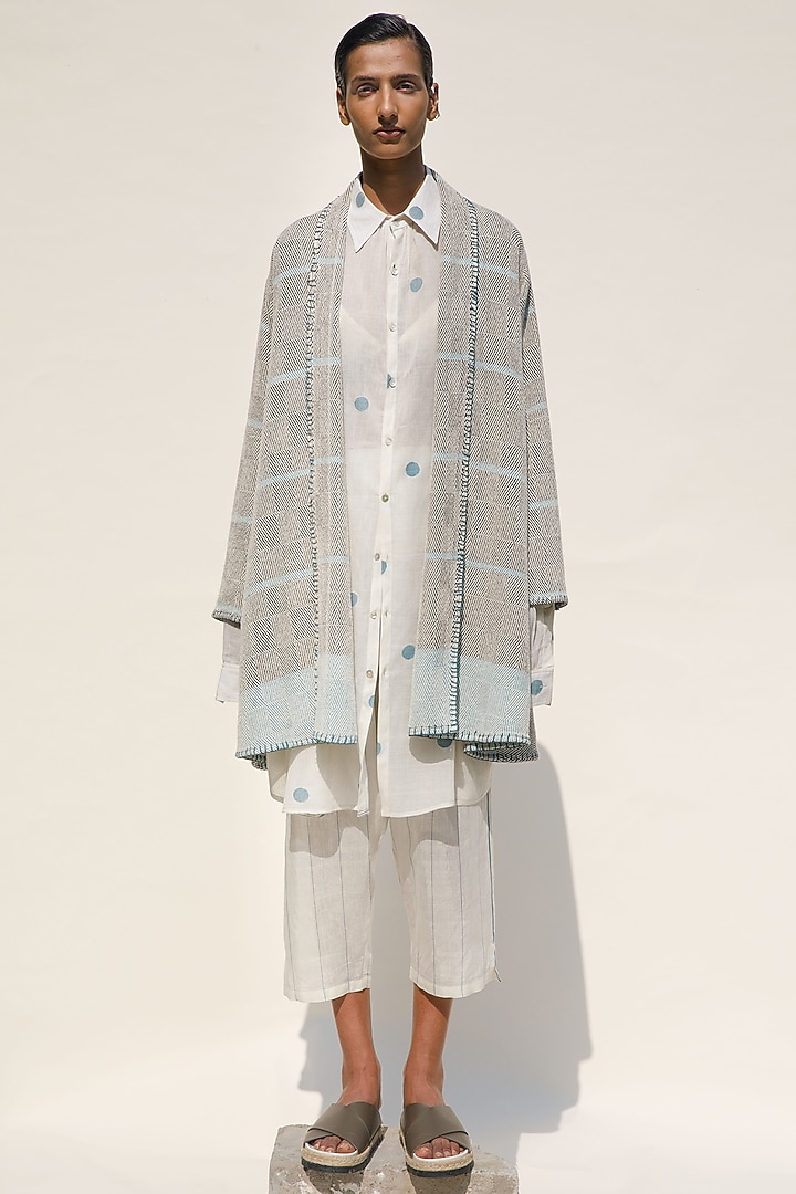 Cream Shell Handloom Cotton Jacket by Urvashi Kaur at Pernia's Pop Up Shop