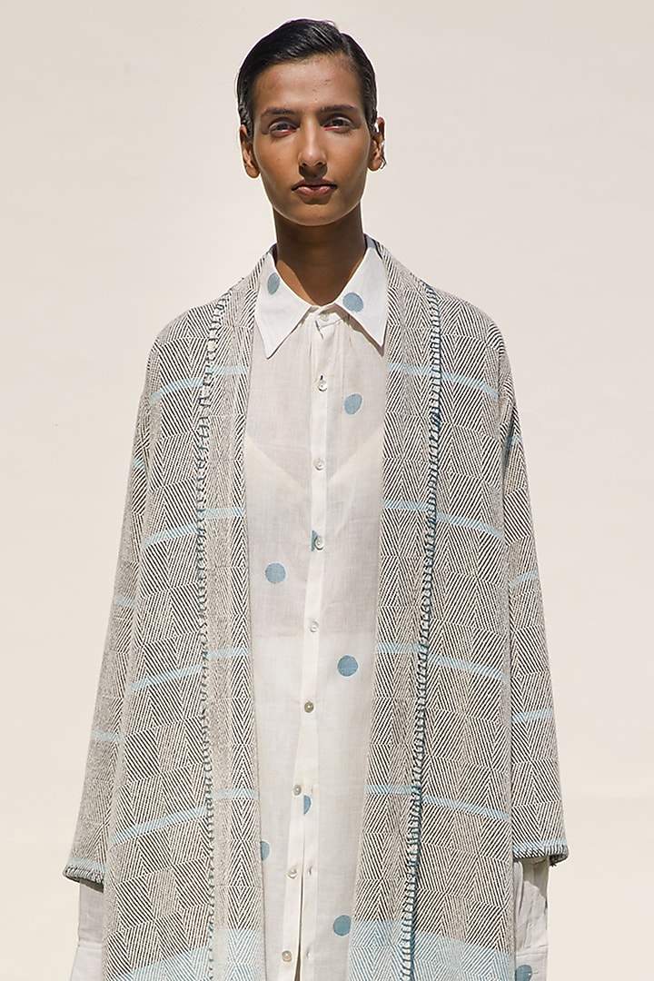 Cream Shell Handloom Cotton Jacket by Urvashi Kaur at Pernia's Pop Up Shop