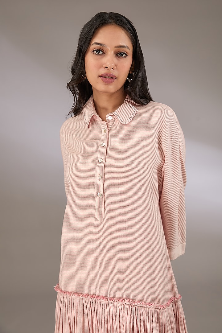 Red Handloom Striped Cotton Drop Waist Vacation Dress by Urvashi Kaur at Pernia's Pop Up Shop