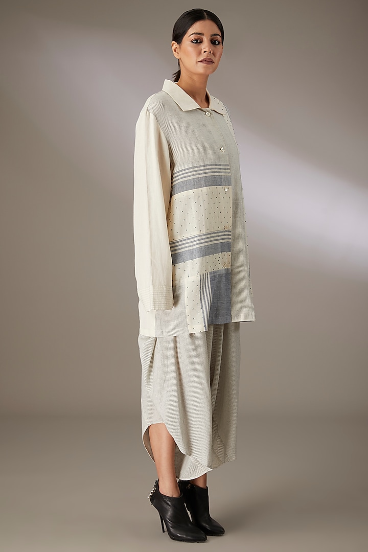 Blue Handloom Striped Cotton Beadwork Paneled Shacket by Urvashi Kaur at Pernia's Pop Up Shop