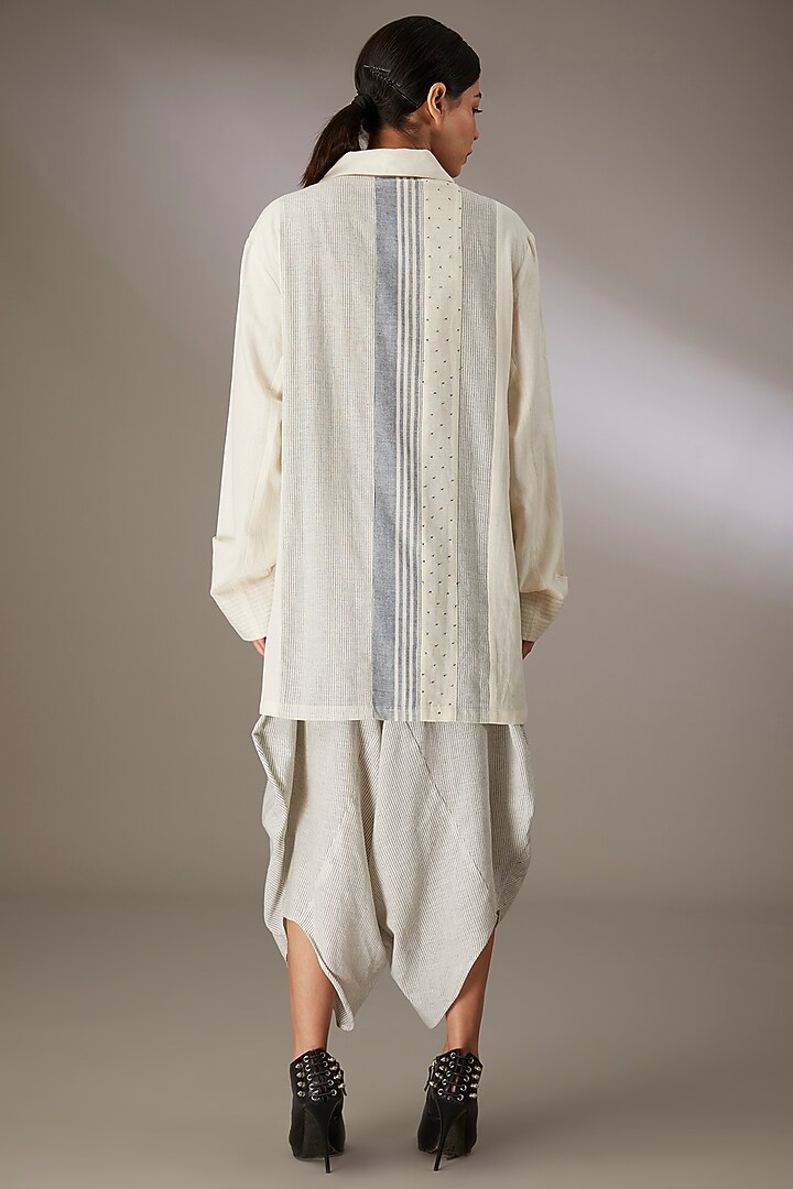 Blue Handloom Striped Cotton Beadwork Paneled Shacket by Urvashi Kaur at Pernia's Pop Up Shop
