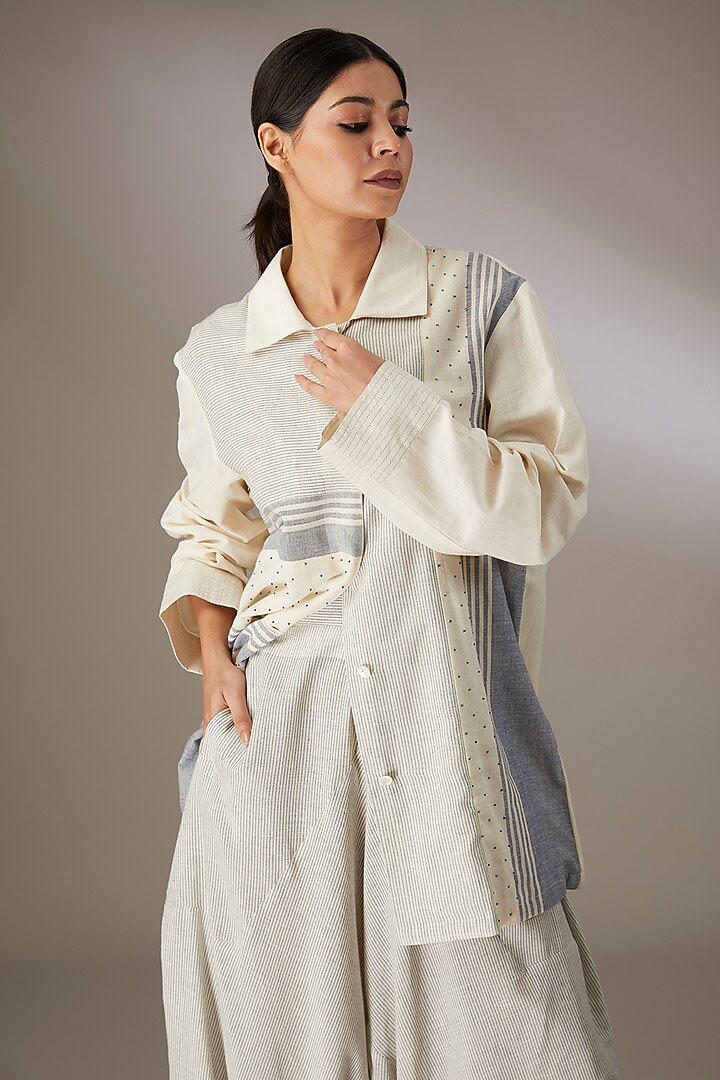 Blue Handloom Striped Cotton Beadwork Paneled Shacket by Urvashi Kaur at Pernia's Pop Up Shop