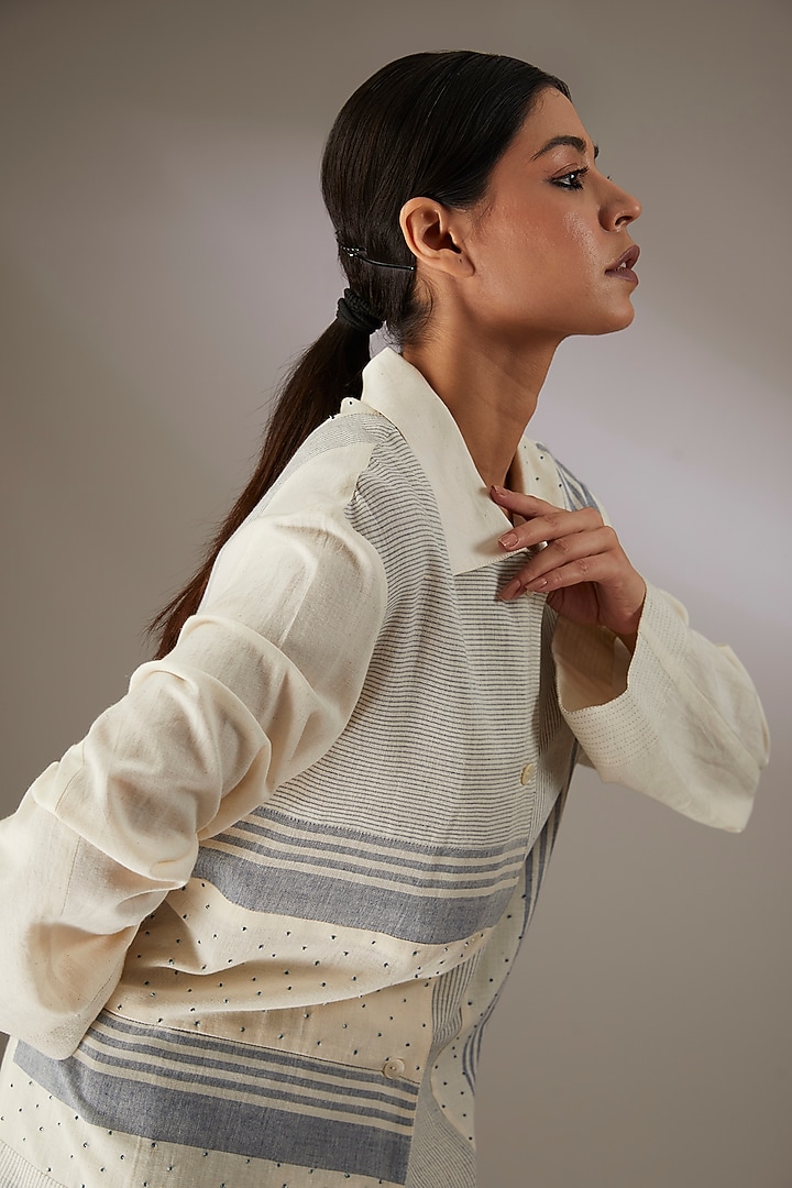 Blue Handloom Striped Cotton Beadwork Paneled Shacket by Urvashi Kaur at Pernia's Pop Up Shop