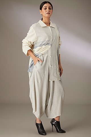 Blue Handloom Striped Cotton Dhoti Style Lounge Pants by Urvashi Kaur