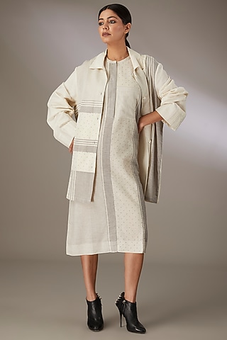 Grey Handloom Striped Cotton Beadwork Paneled Shacket by Urvashi Kaur