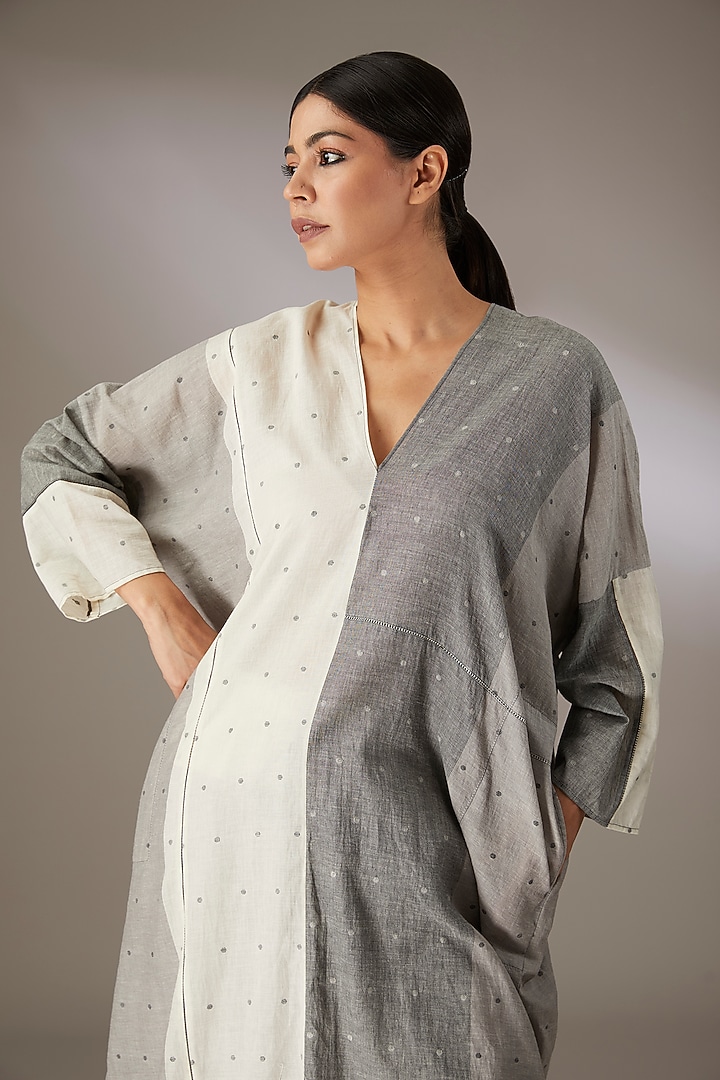 Grey Handloom Dotted Jamdani Vacation Dress by Urvashi Kaur at Pernia's Pop Up Shop
