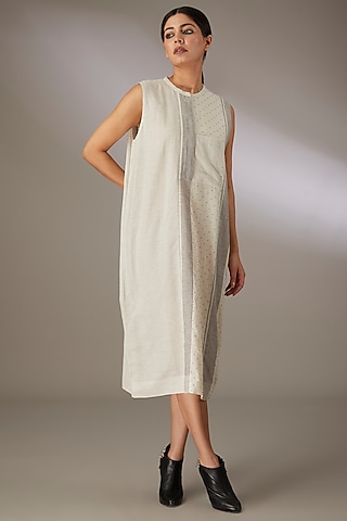 Grey Handloom Striped Cotton Beadwork Shift Dress by Urvashi Kaur