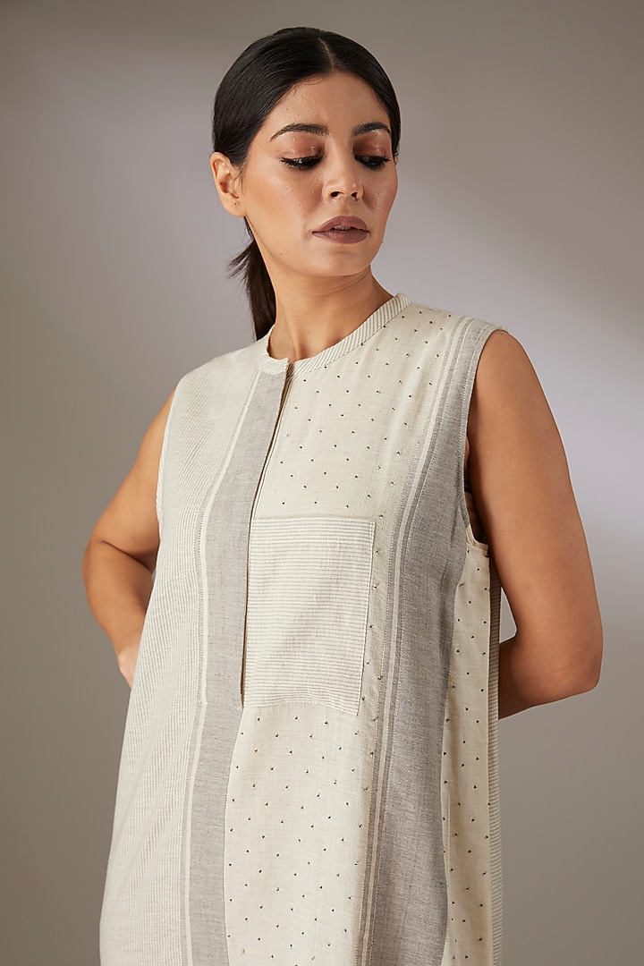 Grey Handloom Striped Cotton Beadwork Shift Summer Dress by Urvashi Kaur at Pernia's Pop Up Shop