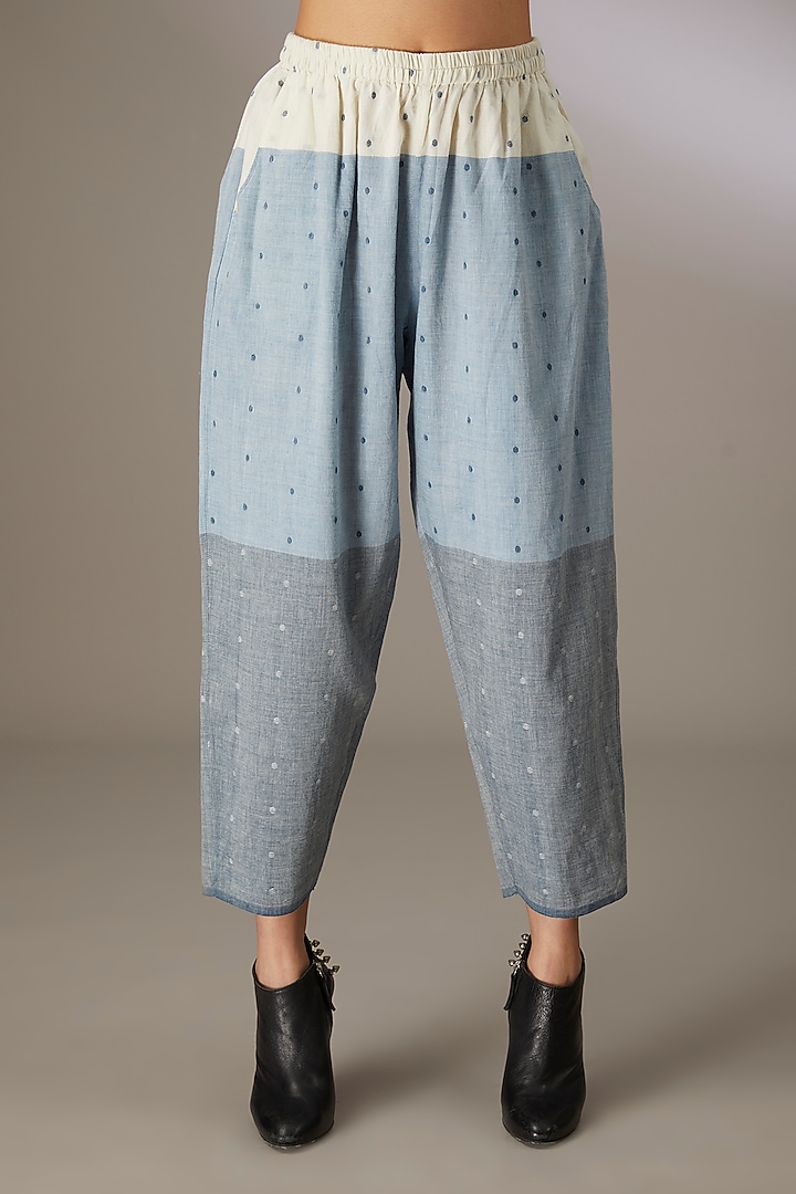 Blue Handloom Dotted Jamdani Pants by Urvashi Kaur at Pernia's Pop Up Shop