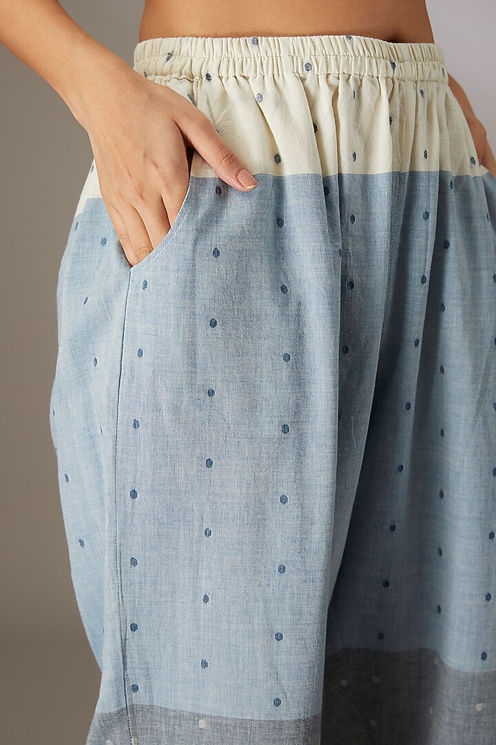 Blue Handloom Dotted Jamdani Pants by Urvashi Kaur at Pernia's Pop Up Shop