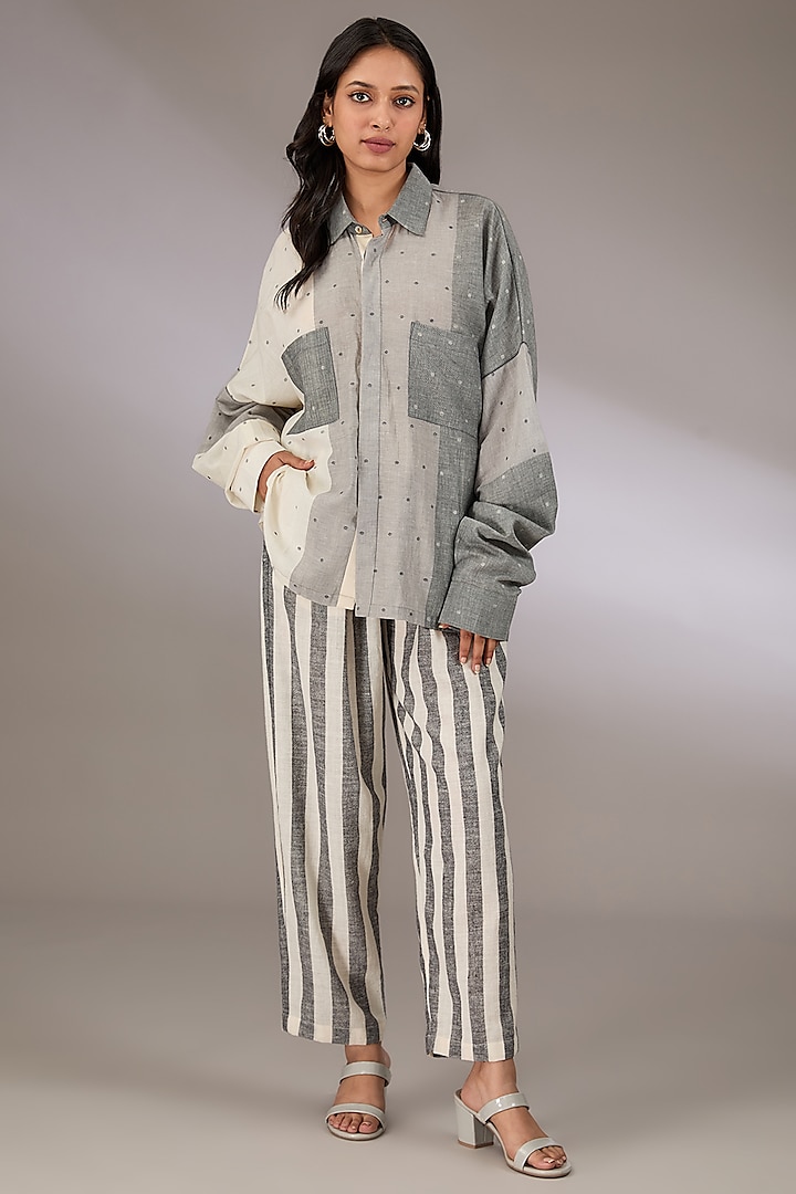 Grey Handloom Dotted Jamdani Oversized Shirt by Urvashi Kaur at Pernia's Pop Up Shop