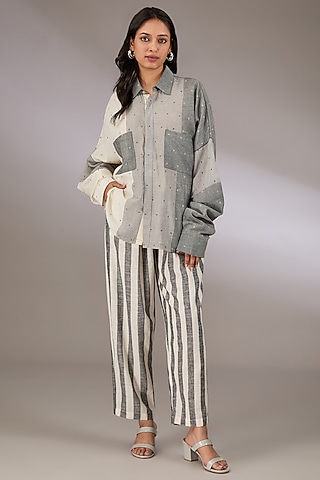 Grey Handloom Dotted Jamdani Oversized Shirt by Urvashi Kaur
