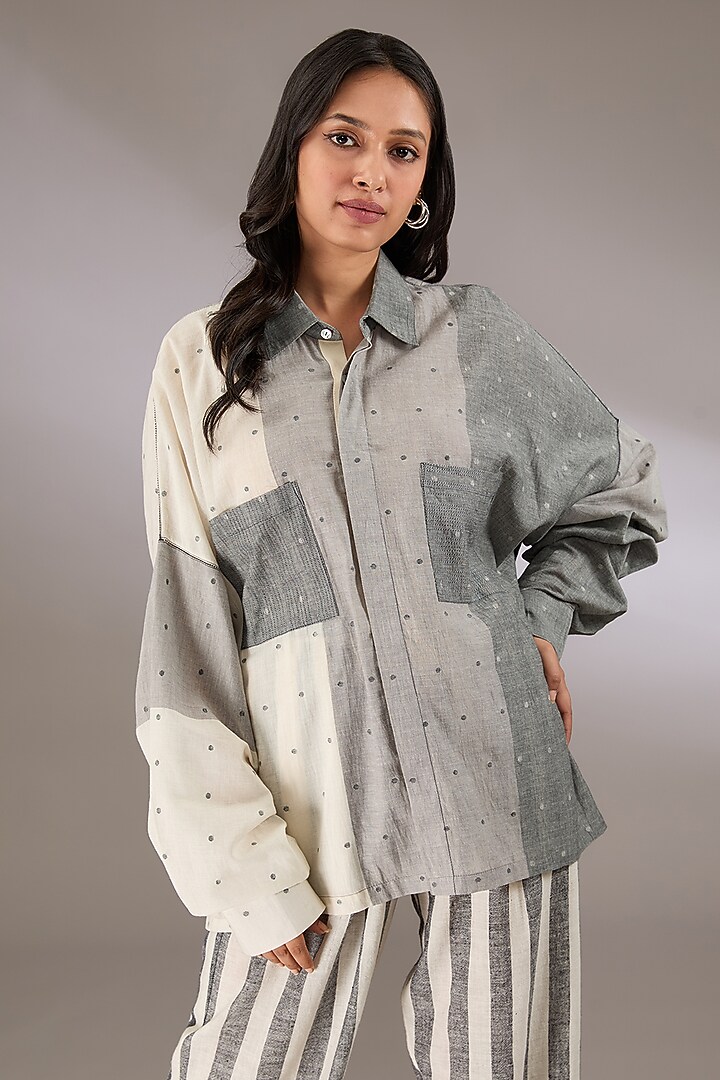 Grey Handloom Dotted Jamdani Oversized Shirt by Urvashi Kaur at Pernia's Pop Up Shop