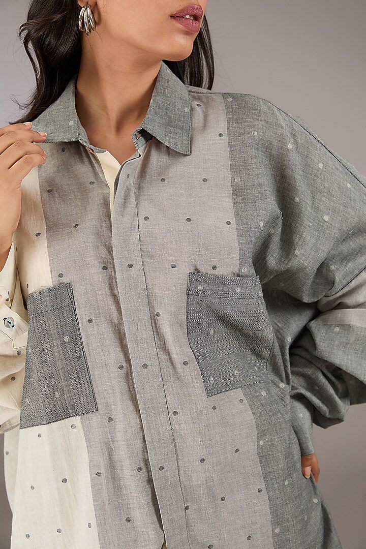 Grey Handloom Dotted Jamdani Oversized Shirt by Urvashi Kaur at Pernia's Pop Up Shop