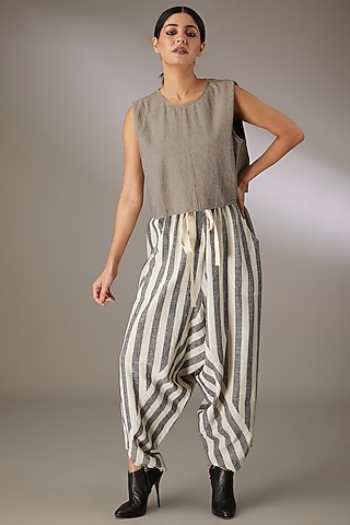 Blue Handloom Striped Denim Crop Top by Urvashi Kaur