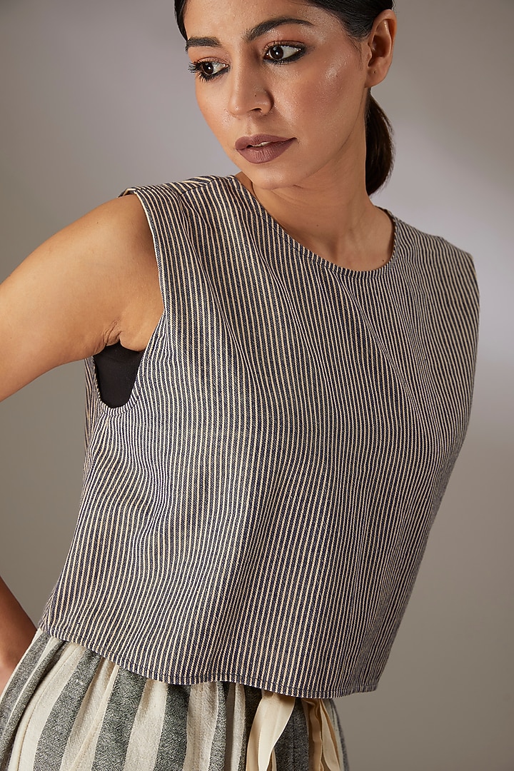 Blue Handloom Striped Denim Crop Top by Urvashi Kaur at Pernia's Pop Up Shop