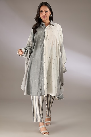 Grey Handloom Dotted Jamdani Oversized Shirt by Urvashi Kaur
