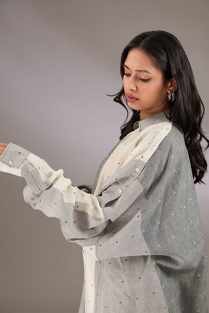 Grey Handloom Dotted Jamdani Oversized Shirt by Urvashi Kaur at Pernia's Pop Up Shop