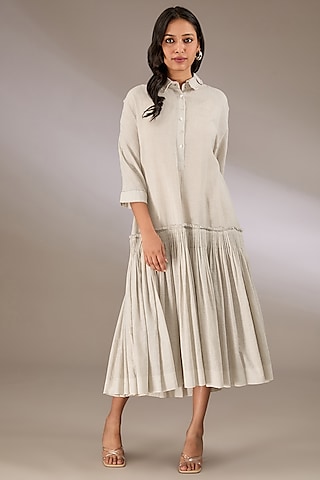 Grey Handloom Striped Cotton Oversized Dress by Urvashi Kaur